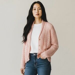 J. Jill Soft Pink Cardigan Sweater open knit pointelle button front cardi